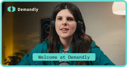 Woman with headphones speaking in front of a microphone with text 'Welcome at Demandly'.